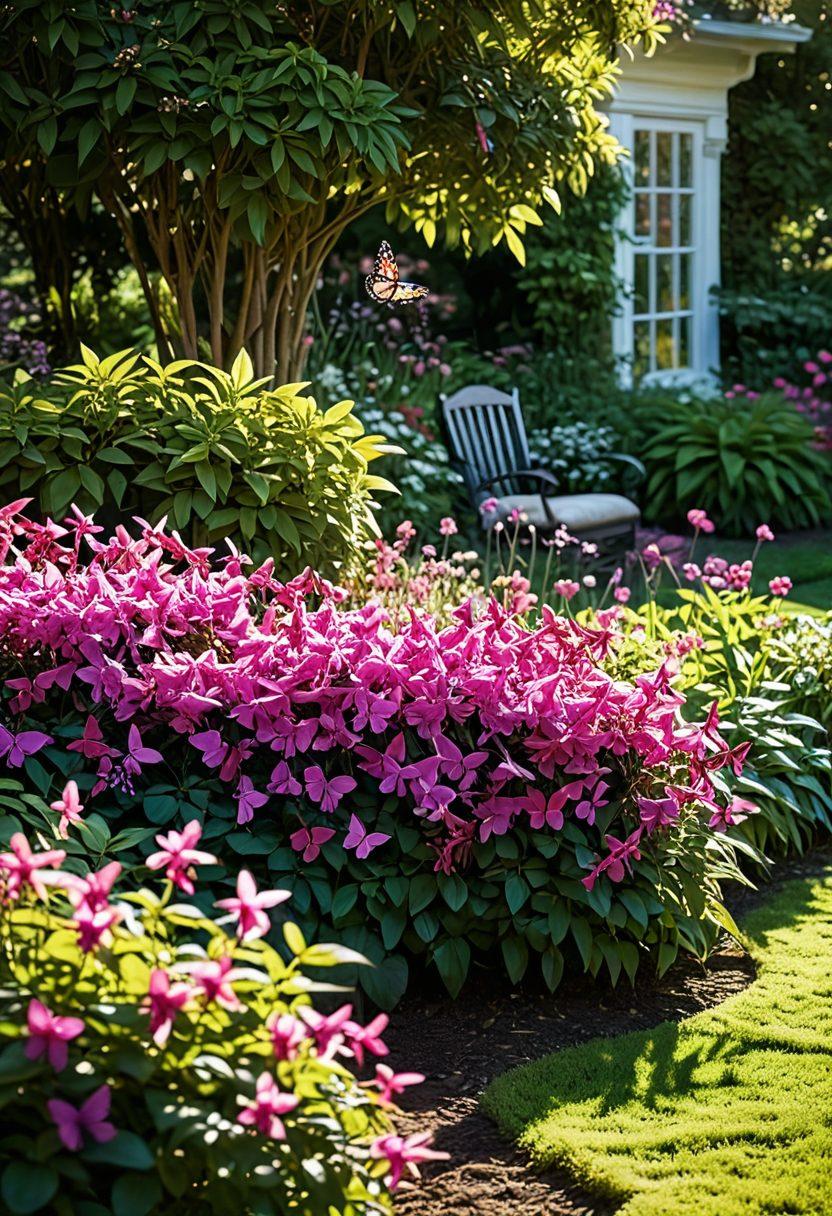 A lush garden scene featuring vibrant fuchsia plants in full bloom, showcasing cascading flowers in shades of pink, purple, and magenta. Include a tranquil garden setting with a soft sunlight filtering through leaves, highlighting the rich green foliage. Add gardening tools nearby to indicate care and maintenance, with butterflies fluttering around to enhance the lively atmosphere. super-realistic. vibrant colors. soft sunlight.