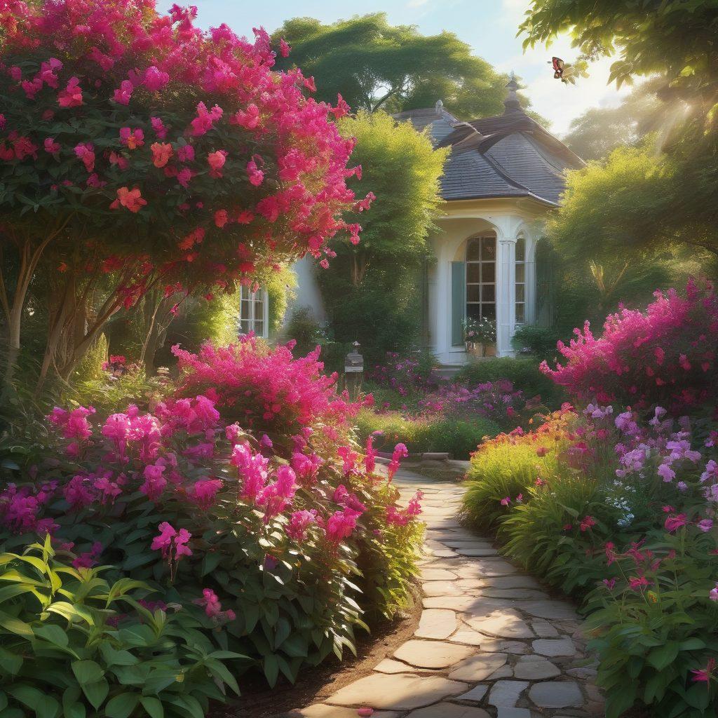 A beautifully manicured garden bursting with vibrant fuchsia flowers in full bloom, surrounded by lush green foliage. Include a gardener gently pruning a fuchsia plant, with gardening tools nearby and butterflies fluttering around. Bright sunlight illuminates the scene, enhancing the vivid colors of the flowers. Emphasize a sense of tranquility and joy in gardening. super-realistic. vibrant colors. natural lighting.