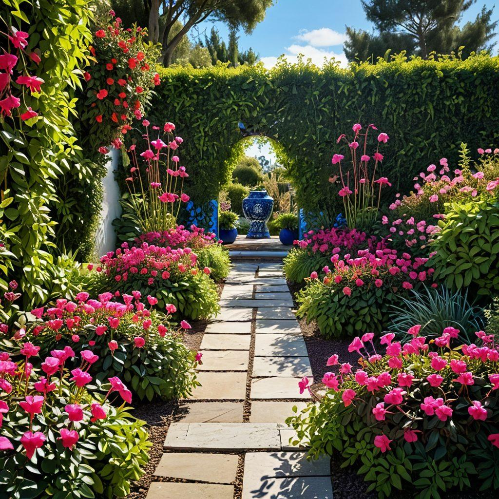 A beautifully landscaped garden featuring vibrant fuchsia flowers in various artistic arrangements, complemented by decorative elements like garden art and unique planters. The scene captures the essence of transformation, showcasing a blend of lush greenery and striking fuchsia hues under a bright blue sky. Include a serene pathway leading through the garden, enhancing the immersive experience. super-realistic. vibrant colors. 3D.
